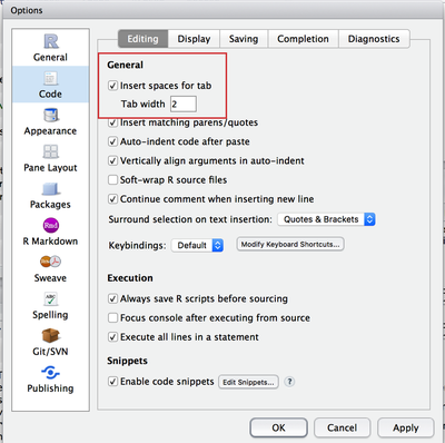 'Insert spaces for tab' setting in RStudio